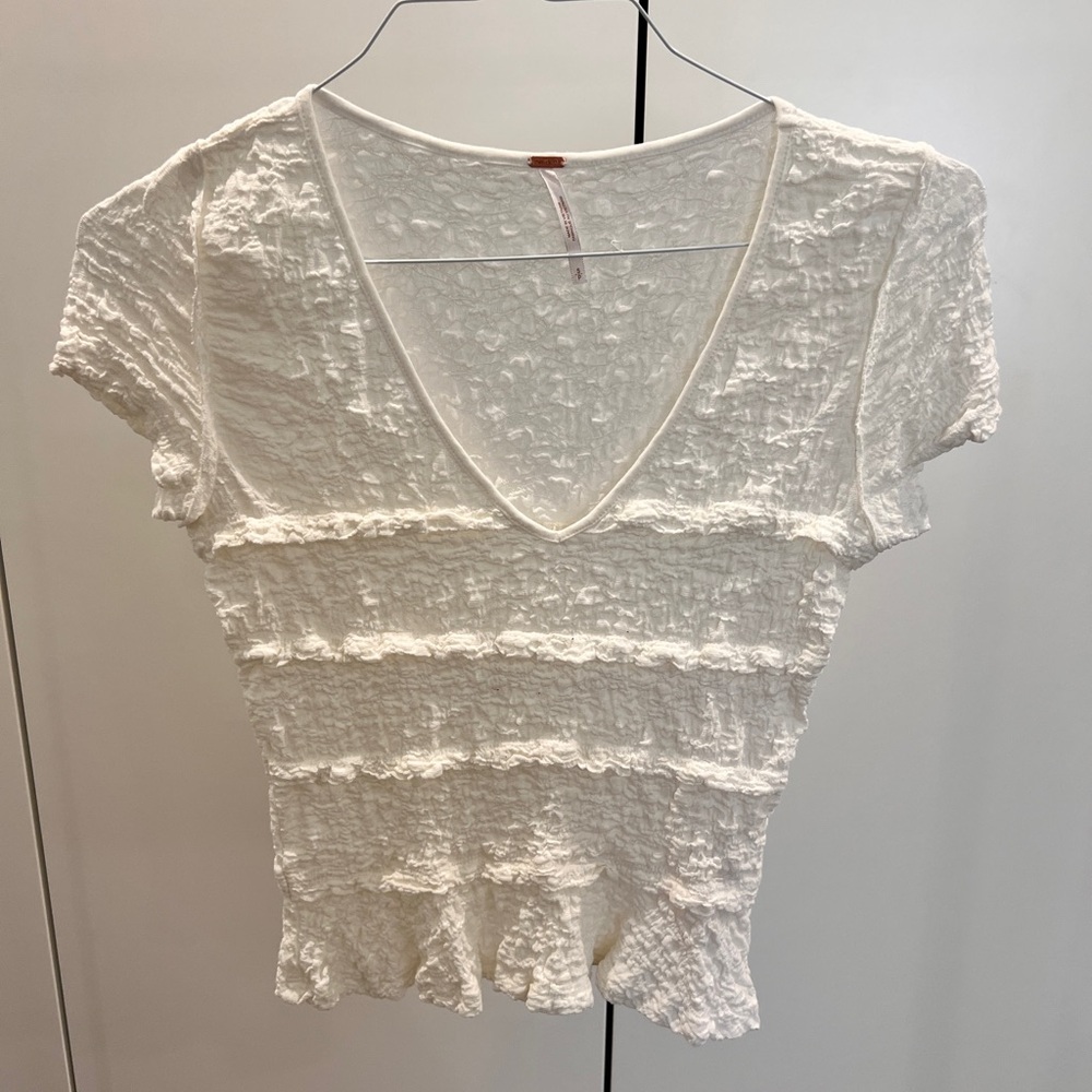 Free People Cream Textured V-Neck Blouse
